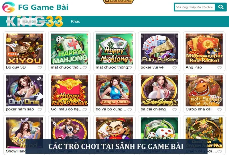 Danh sách các trò chơi tại sảnh FG Game bài