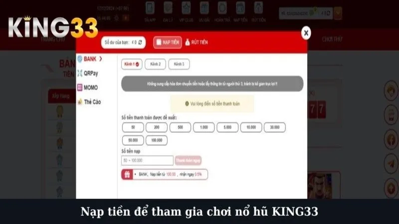 Nạp tiền để tham gia chơi nổ hũ KING33