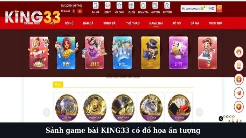 Sảnh game bài KING33 có đồ họa ấn tượng