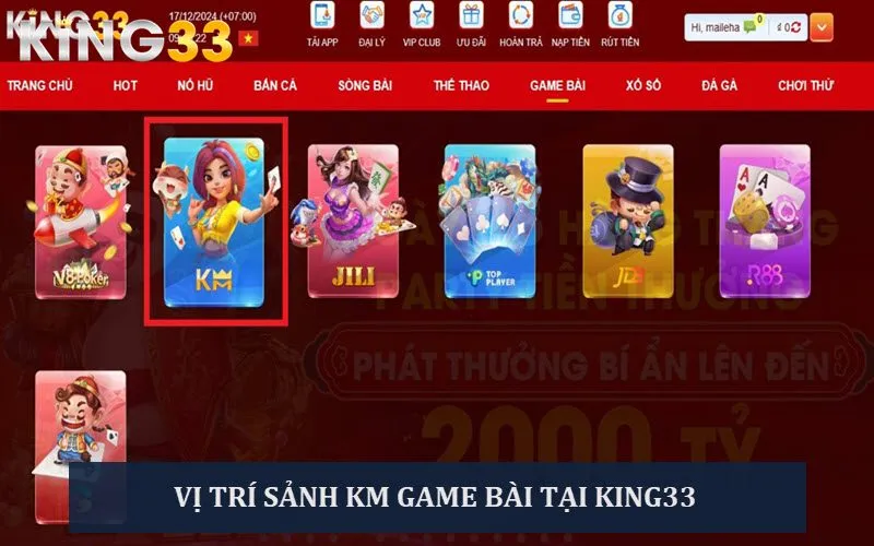 Vị trí sảnh KM Game bài tại nhà cái King33