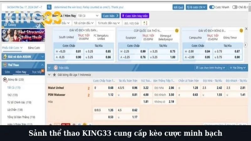 Sảnh thể thao KING33 cung cấp kèo cược minh bạch