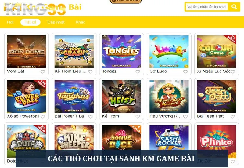 Danh sách trò chơi tại sảnh KM Game bài